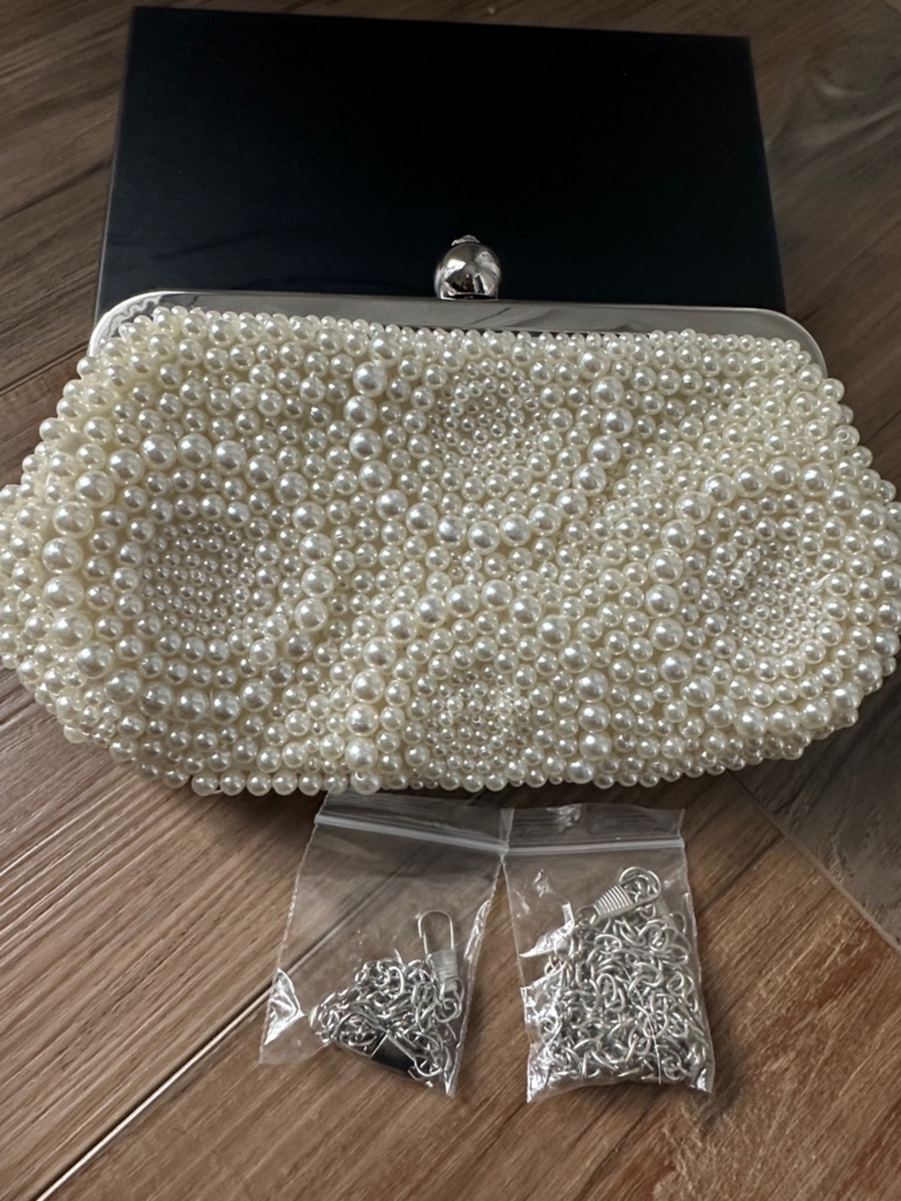 Pearl Beaded Clutch Evening Bag Ivory w/ Chain Strap Wedding Bridal
